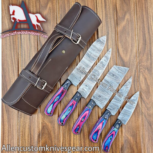 Handmade Damascus kitchen Knives Set With Leather Bag